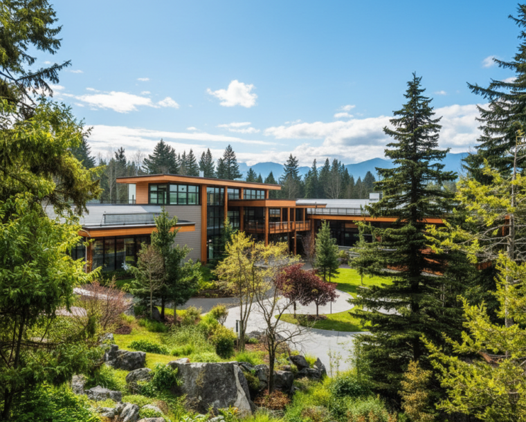Students walking through a Pacific Northwest independent school campus