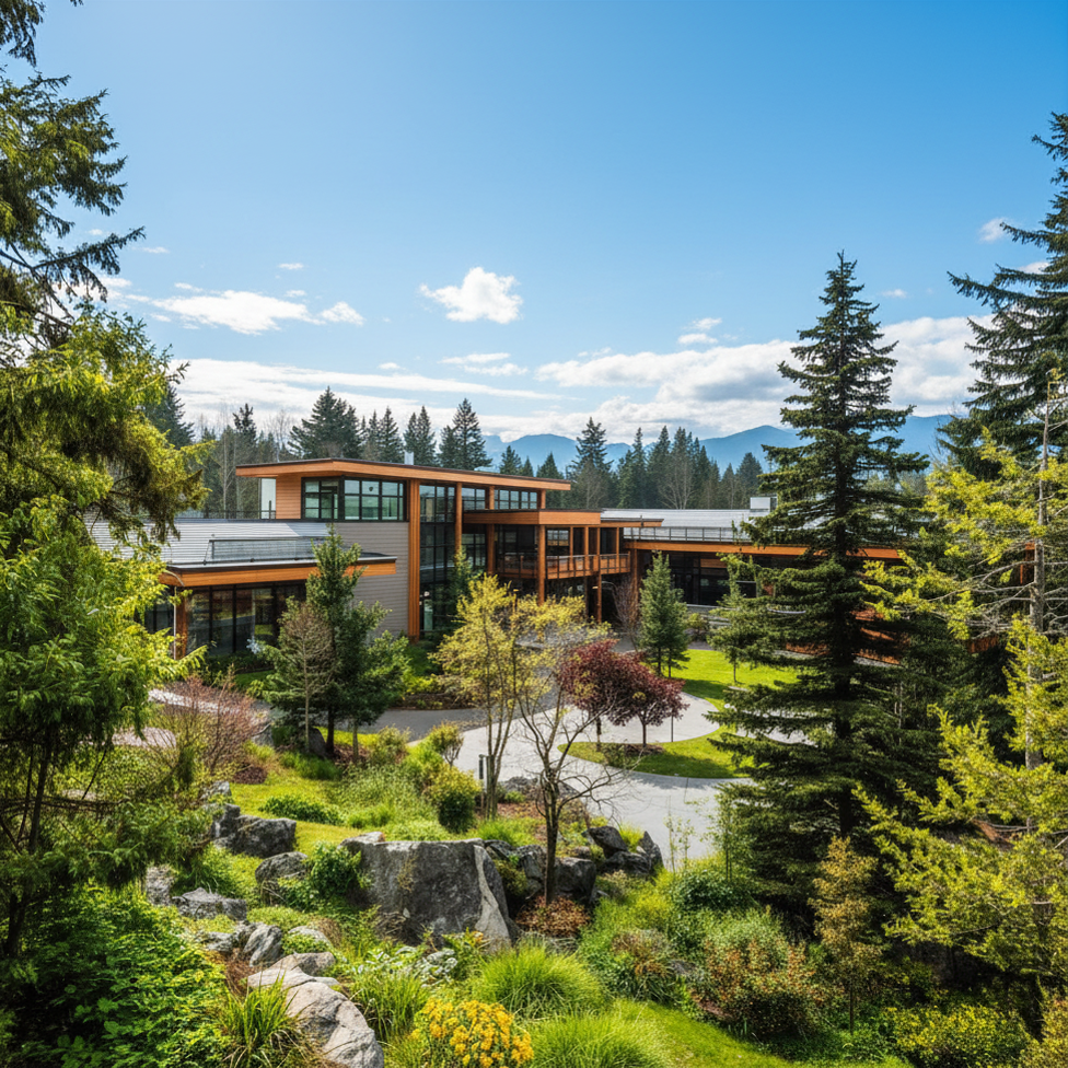 Students walking through a Pacific Northwest independent school campus