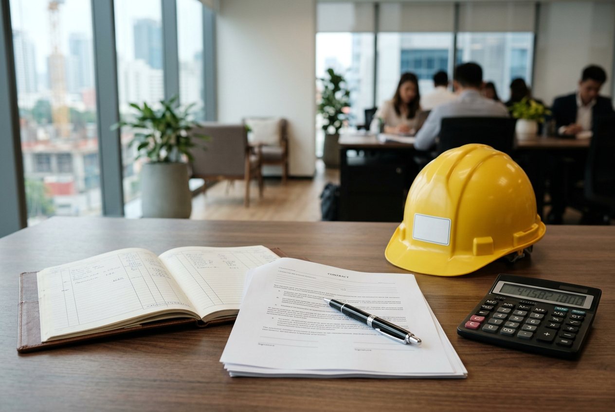 Desk with financial ledger, contract documents, and a hard hat for construction compliance review