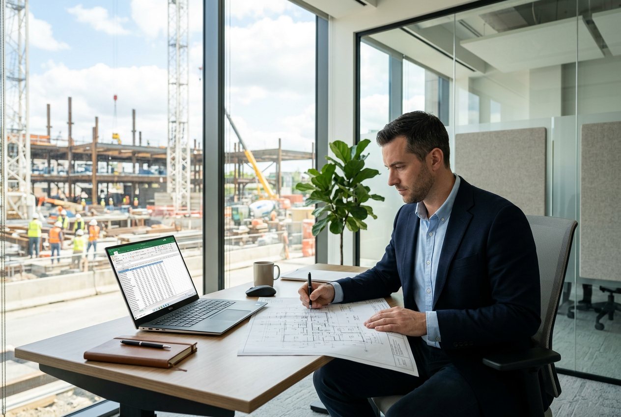Business professional reviewing construction blueprints and financials at a desk