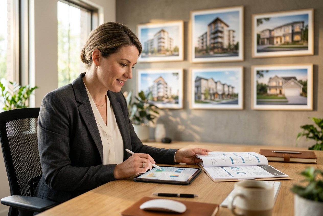 Property manager reviewing financial reports and a tablet at a desk