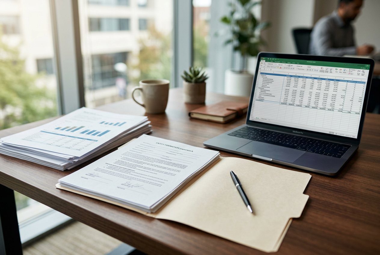 Desk with entity formation and legal documents for real estate compliance review