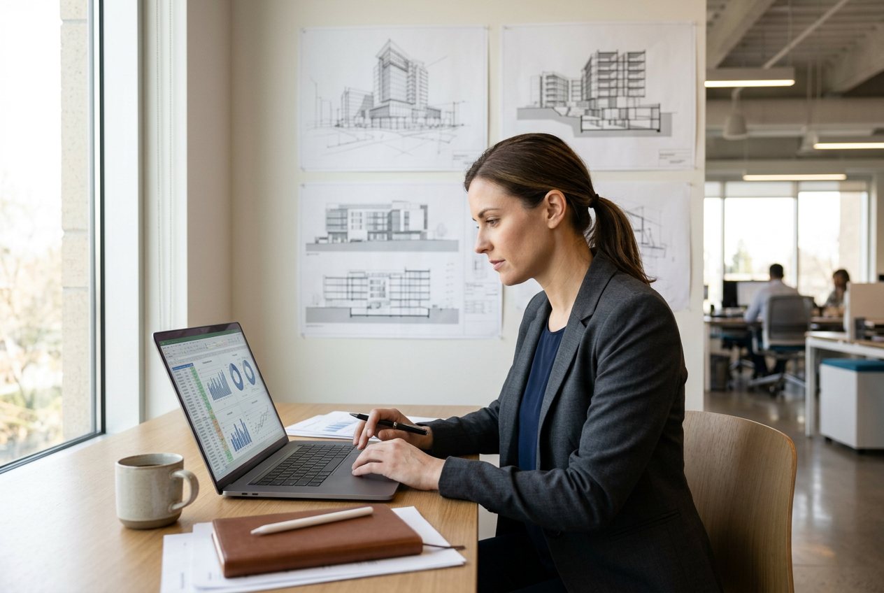 Business professional reviewing investor reports and project budgets at a desk
