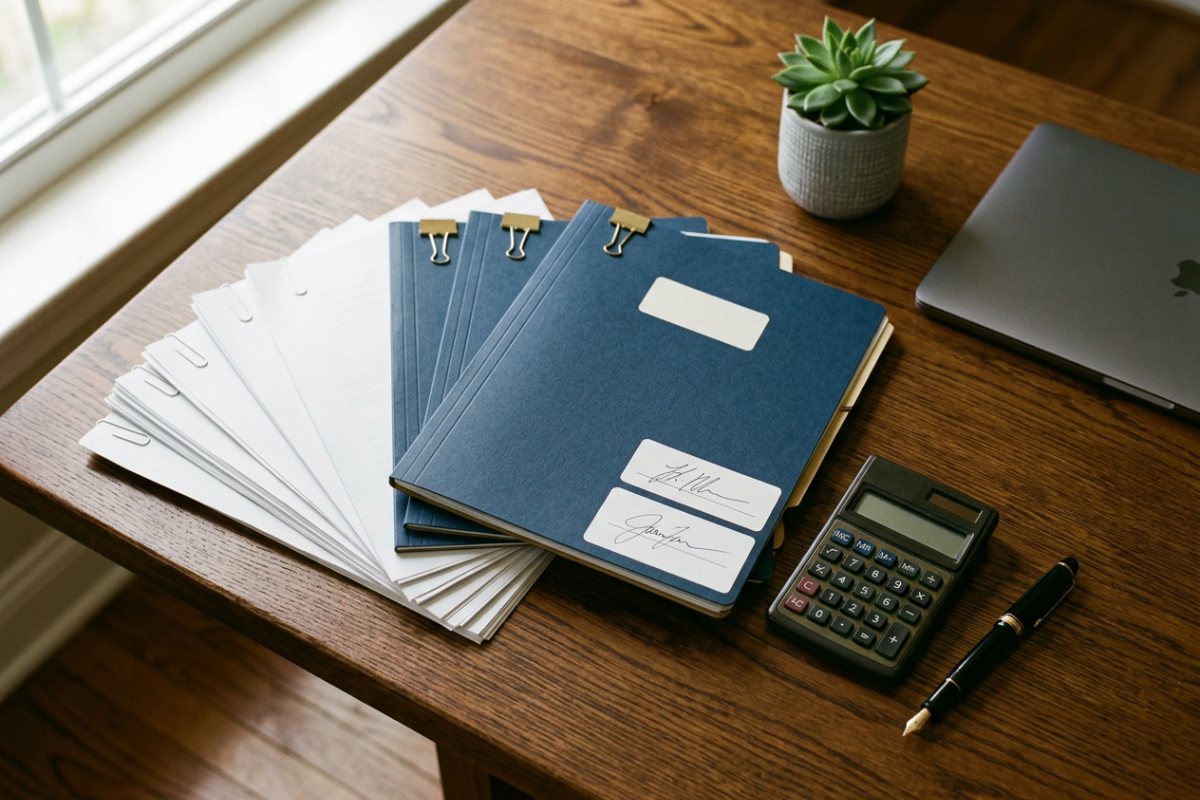 Desk with commission statements and signed agent agreement folders for brokerage compliance review