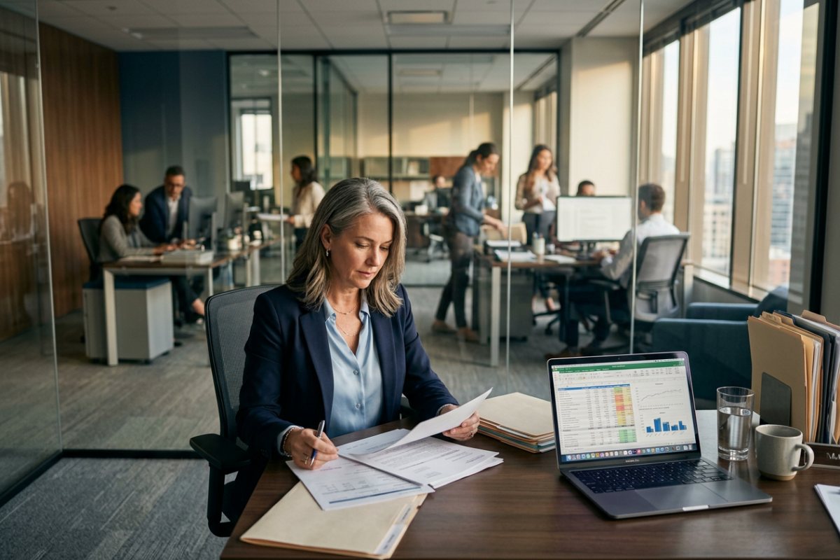 Managing broker reviewing closing statements and commission paperwork at a brokerage office desk