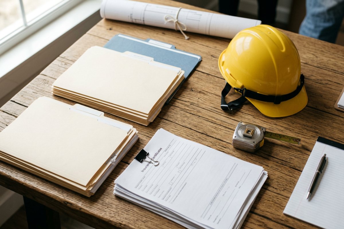 Desk with subcontractor agreements and insurance certificate paperwork for contractor compliance review
