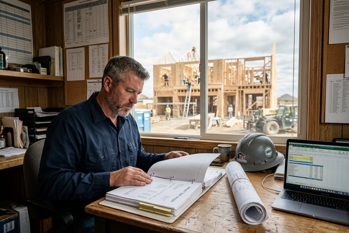 General contractor reviewing project costs and blueprints at a job site office desk