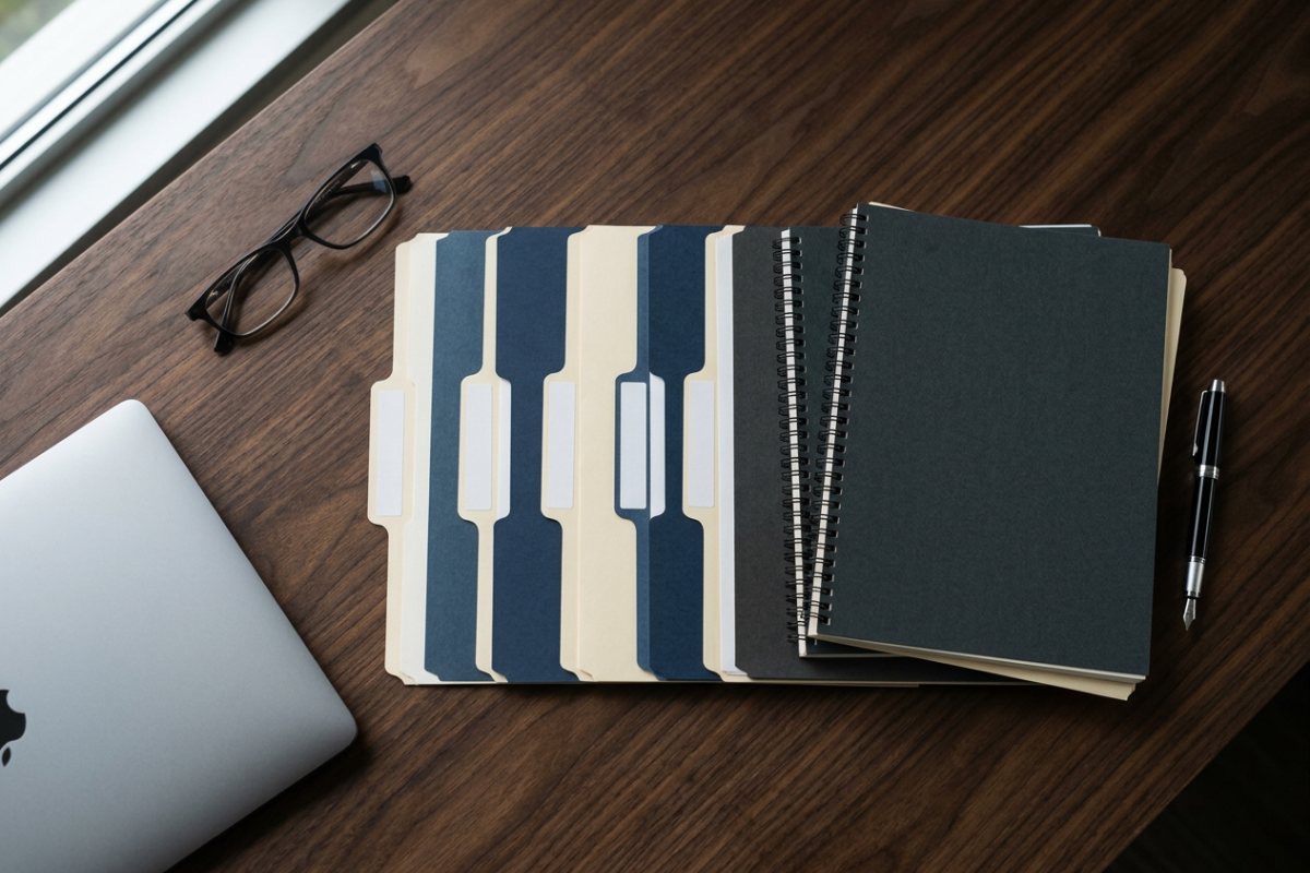 Conference table with separate entity document folders and bound financial statements for consolidation review