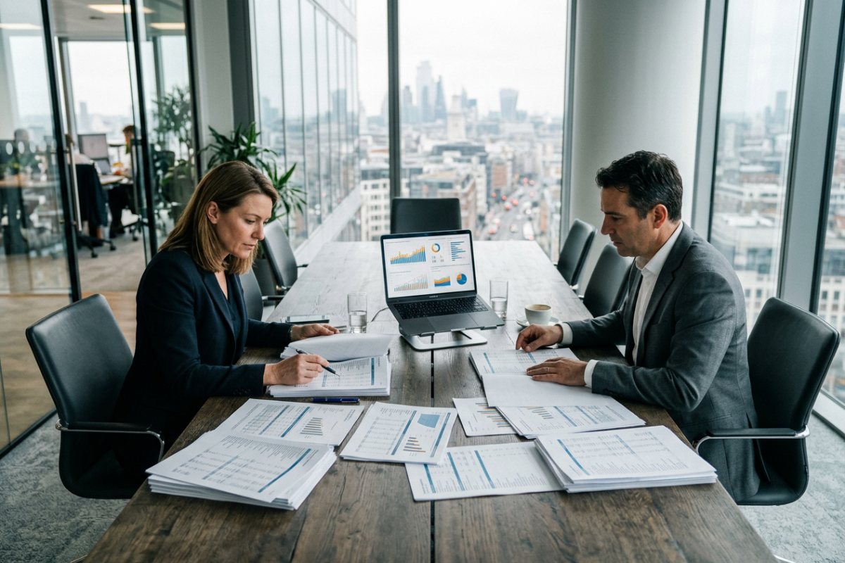 Business professionals reviewing consolidated financial statements for multiple entities
