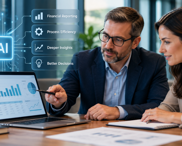Accounting professionals using AI-assisted financial dashboards to analyze business performance