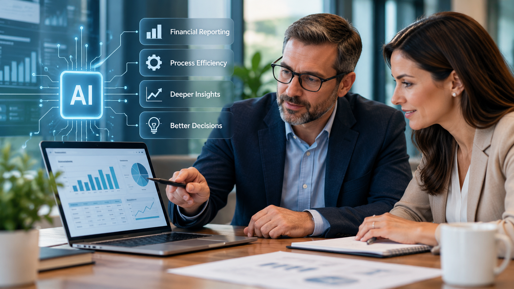 Accounting professionals using AI-assisted financial dashboards to analyze business performance