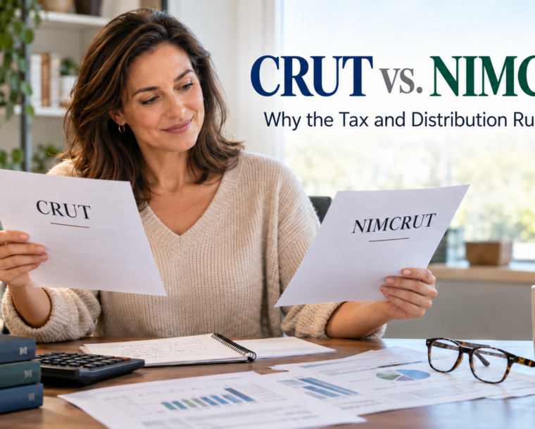 Woman comparing CRUT and NIMCRUT documents while reviewing financial planning options.