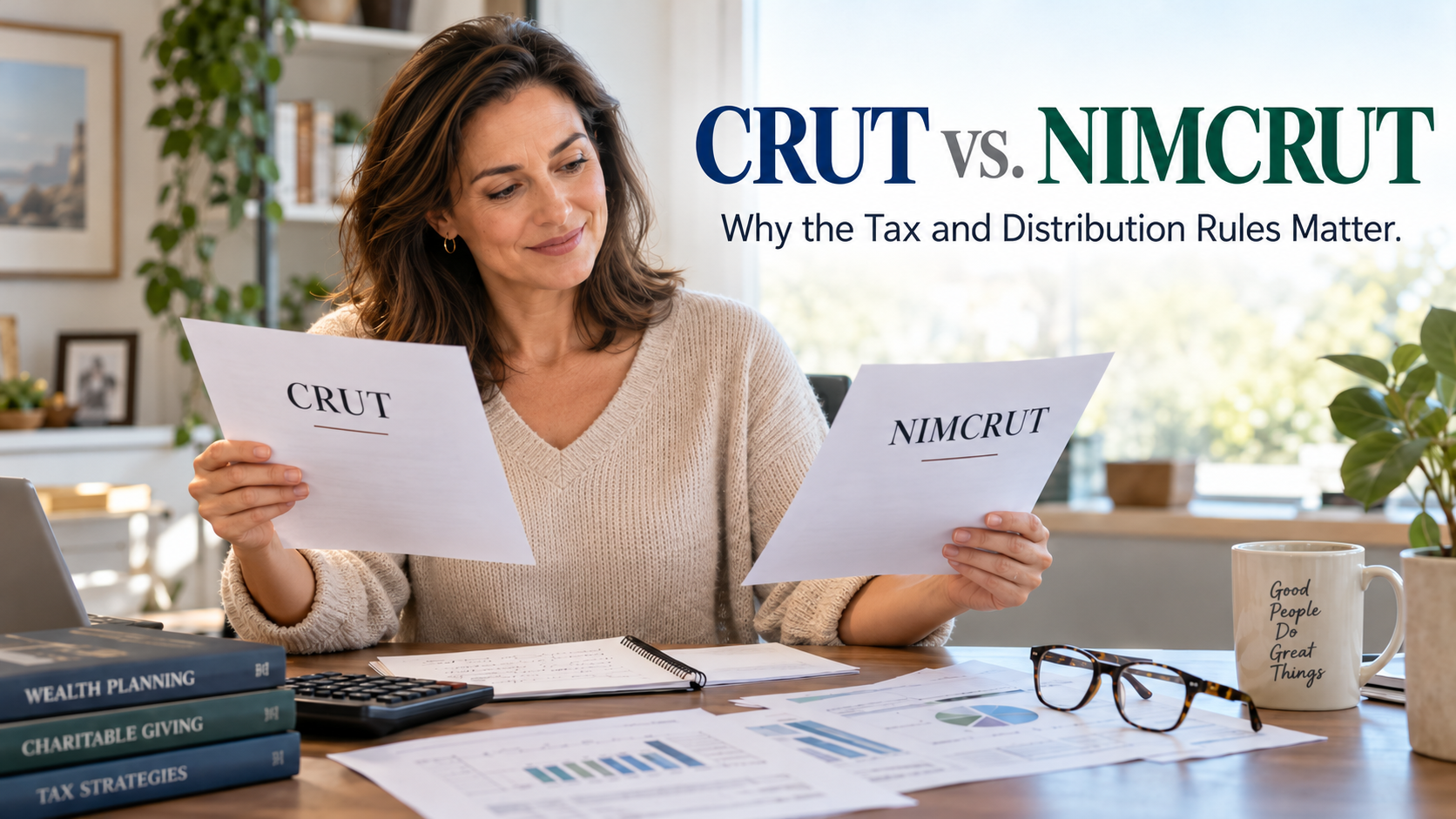 Woman comparing CRUT and NIMCRUT documents while reviewing financial planning options.