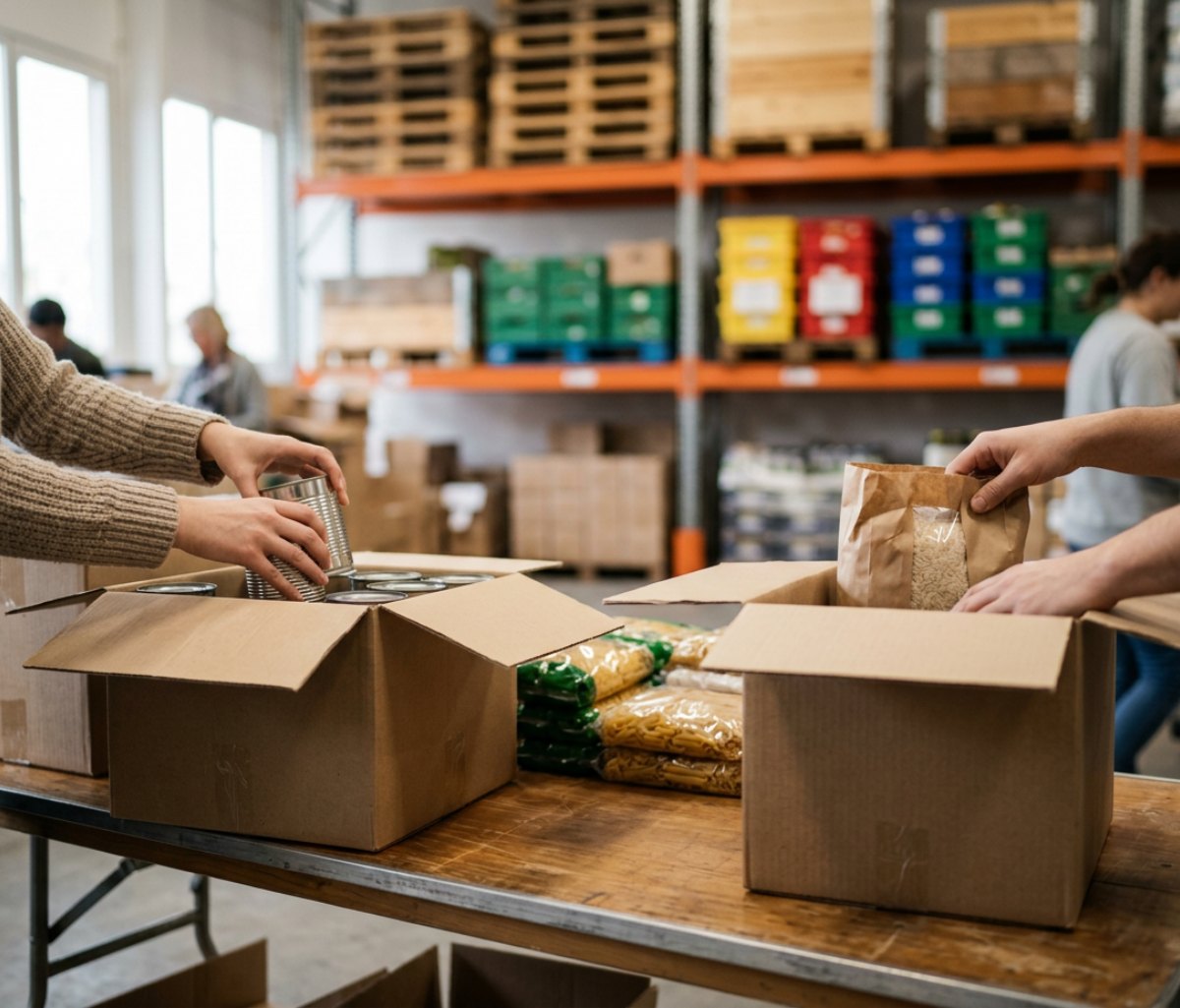 Volunteer hands packing boxes of food at a community food bank