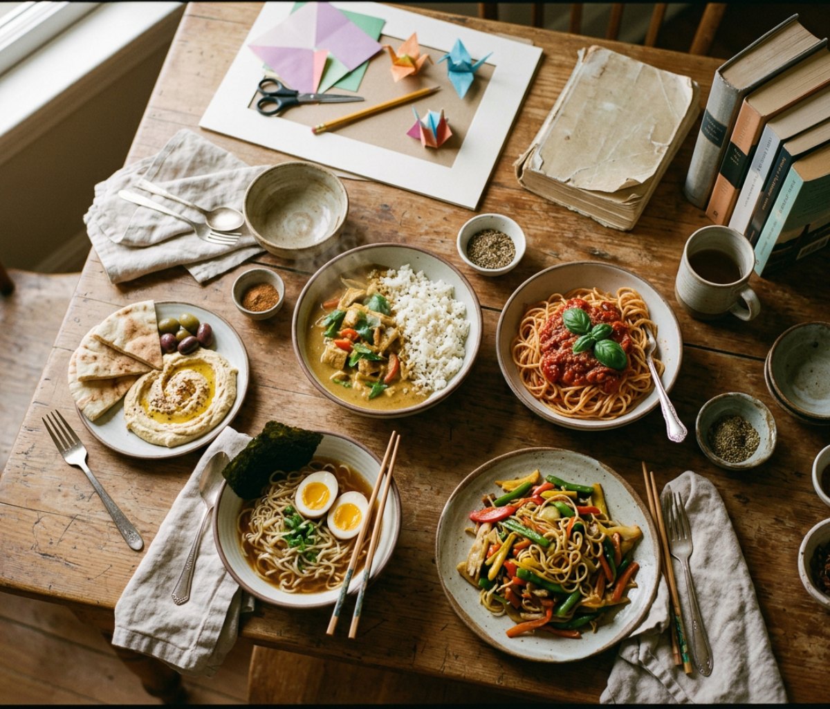 Home table set with dishes from several cuisines, books and craft supplies