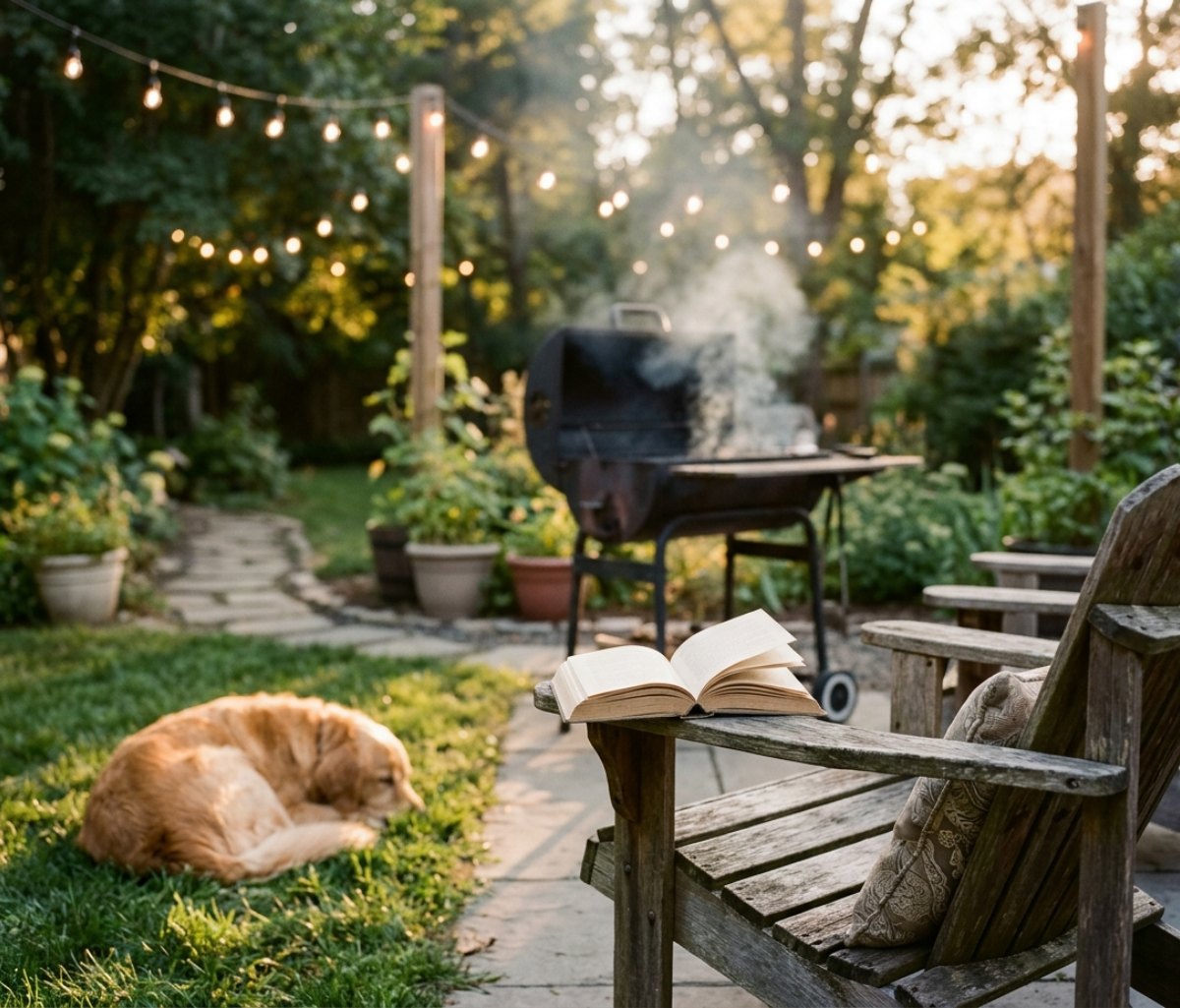 Backyard patio at golden hour with a barbecue, a dog in the grass and an open book